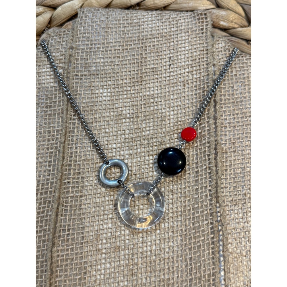 Ben-Amun Silver Tone Geometric Resin Ring Necklace Black Red Clear Accents